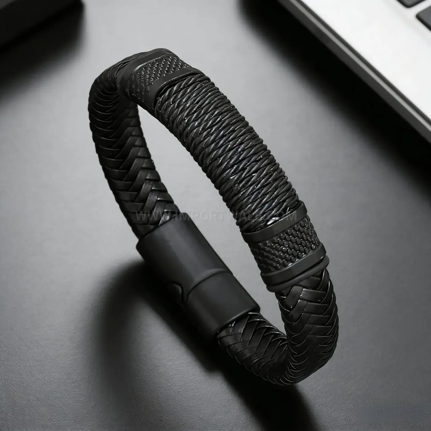 Modern Sleek Black Leather Cord Bracelet with Magnetic Clasp