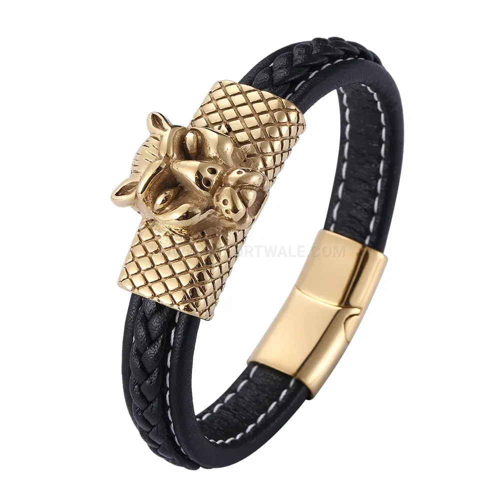 Gold-Tone Stainless Steel Magnetic Clasp Microfiber Leather Wristband