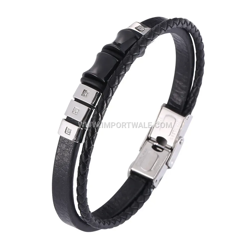 Inlaid Stainless Steel and Black Leather Braided Wristband