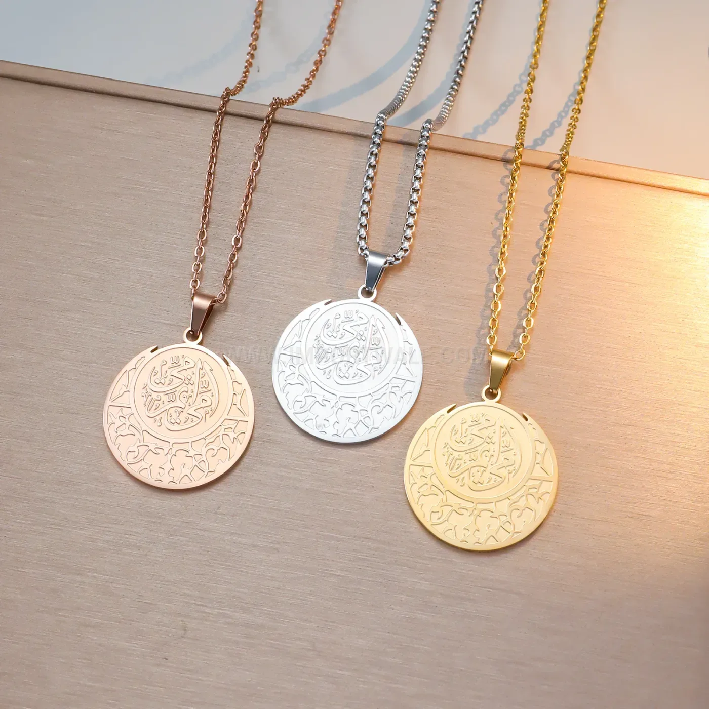Arabic Calligraphy Coin Medallion Stainless Steel Gold Plated Pendant Necklace