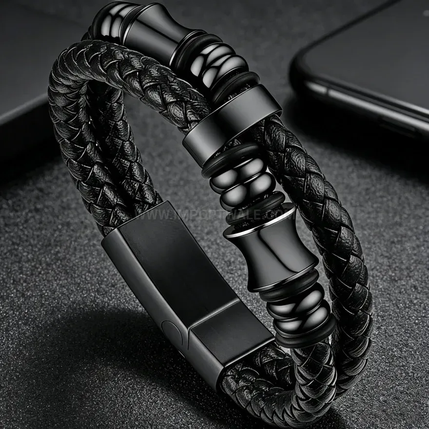 Classic Men Stainless Steel Magnetic Clasp Faux Leather Cuff Bracelet