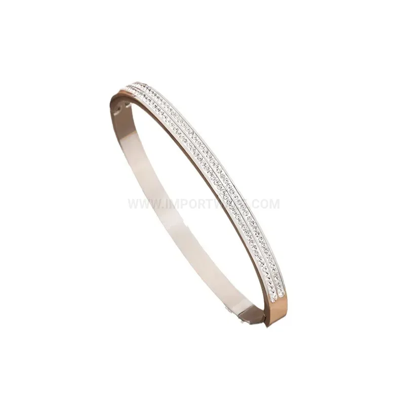 Double Row Rhinestone Plated Titanium Steel Bangle Bracelet