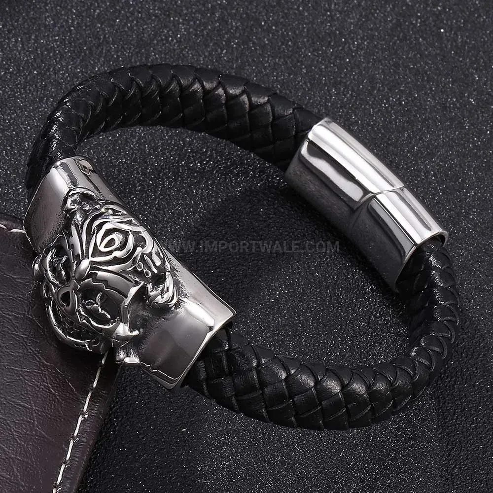 Chic Punk Style Skull Stainless Steel Black Leather Bracelet With Magnetic Clasp