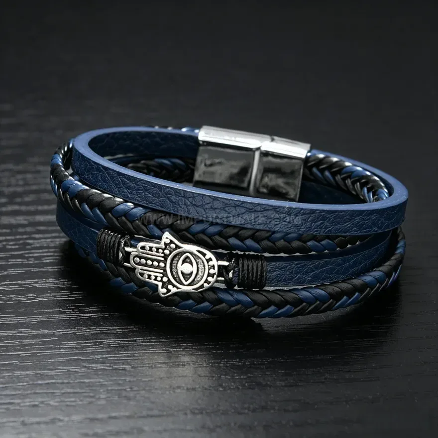 Bold Woven Leather Evil Eye Charm Bracelet with Magnetic Clasp