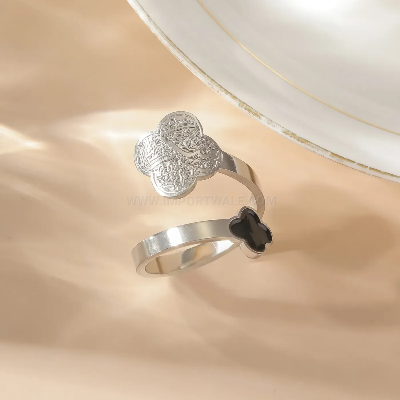 Stainless Steel Arabic Clover Calligraphy Open Ring
