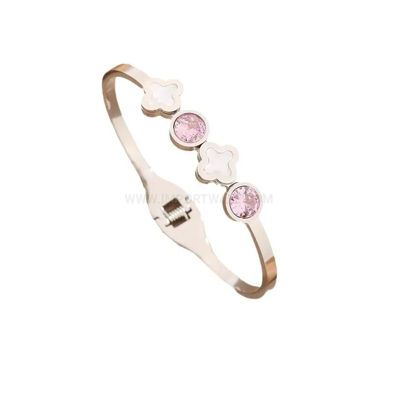 Rhinestone Four-Leaf Clover Stainless Steel Bangle