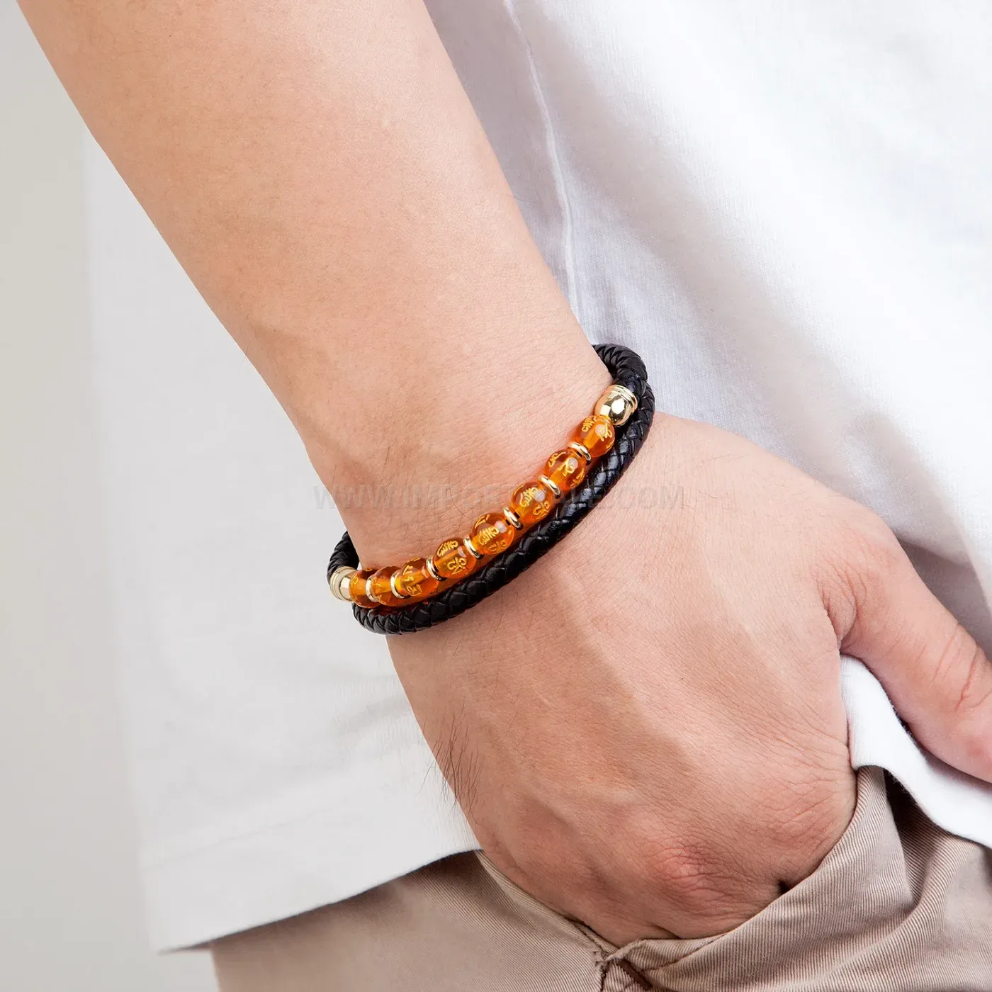 Braided Leather Stone Bead Bracelet with Stainless Steel Clasp