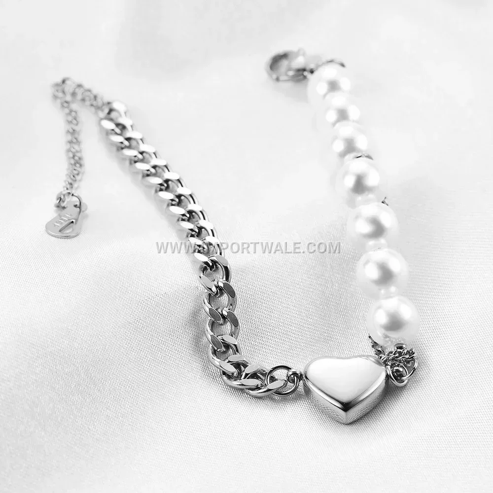 Stainless Steel Heart Charm Cuban Chain Pearl Bracelet