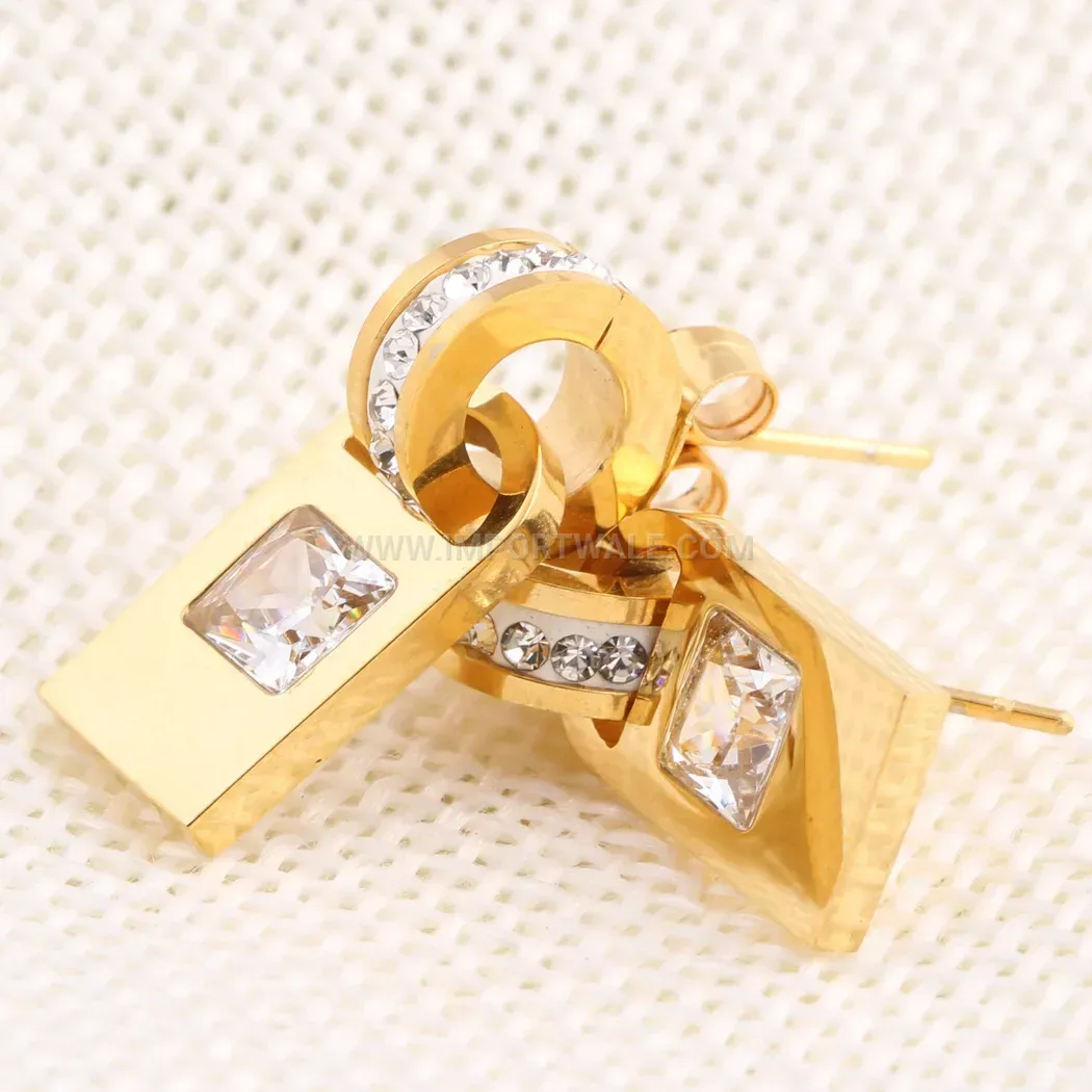 Geometric Rhinestone Square Lock Drop Stud Earrings