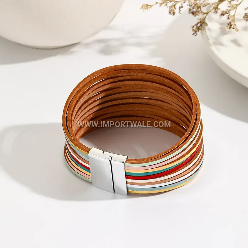 Textured Multi Strand Leather Wrap Bracelet with Magnetic Clasp