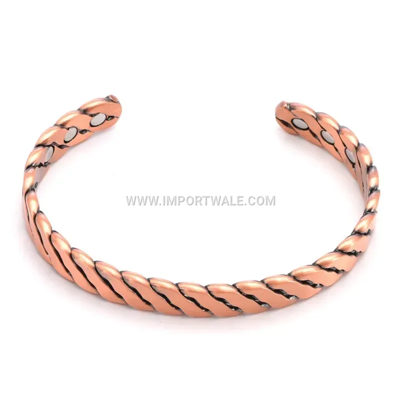 Vintage Pure Red Copper Braided Twist Magnetic Open Cuff Bracelet
