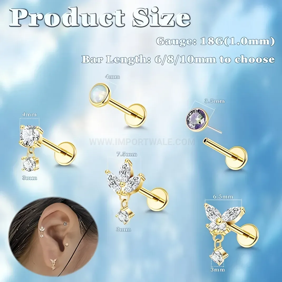 Designer Internally Threaded Stainless Steel Zirconia Dangle Piercing Stud