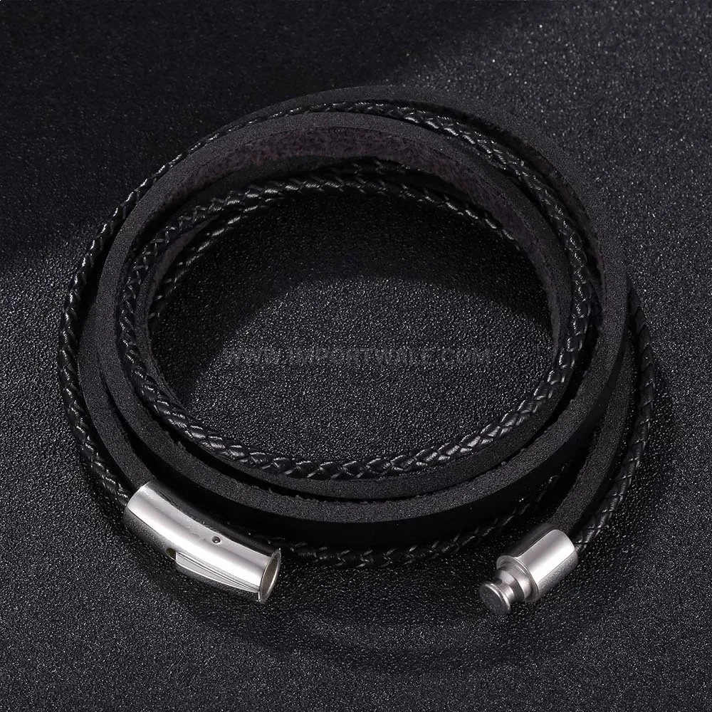 Braided Leather Multi-Layer Bracelet with Stainless Steel Snap Buckle