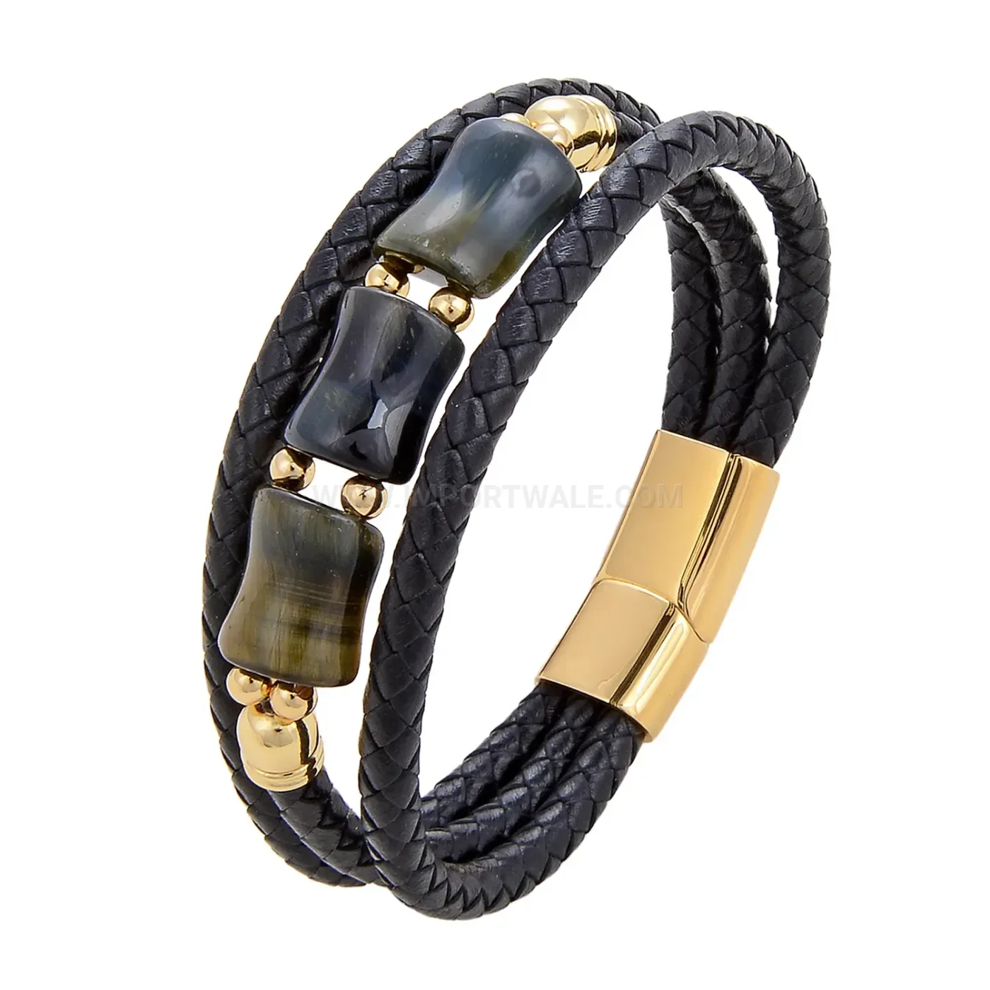 Woven Leather Bracelet featuring Stainless Steel Magnetic Clasp Accent Stone