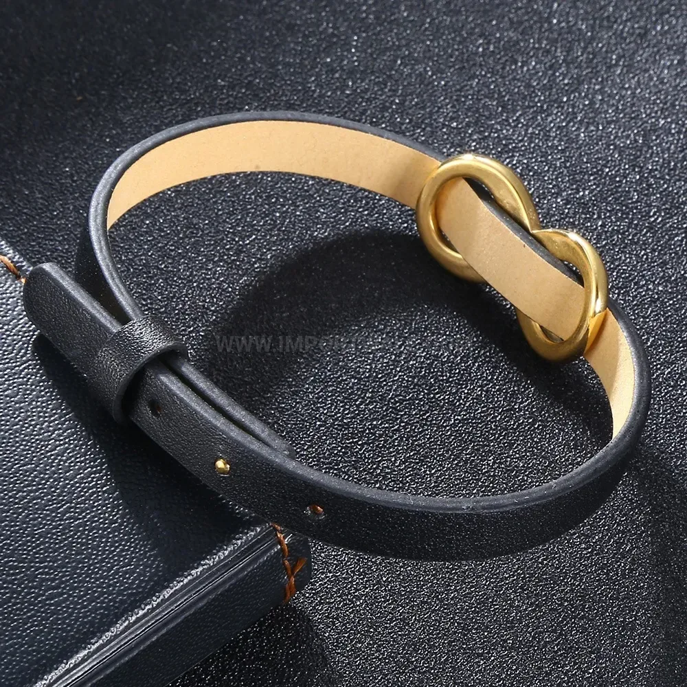 Adjustable Figure Eight Leather Strap Bracelet With Gold Stainless Steel