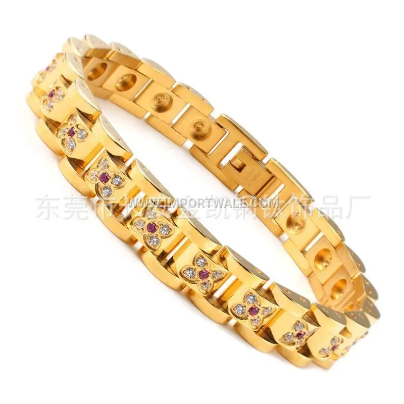 Rhinestone Floral Titanium Steel Magnetic Couple Bracelet