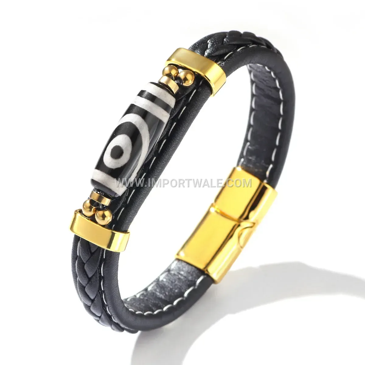 Woven Leather Dzi Bead Bracelet with Magnetic Clasp