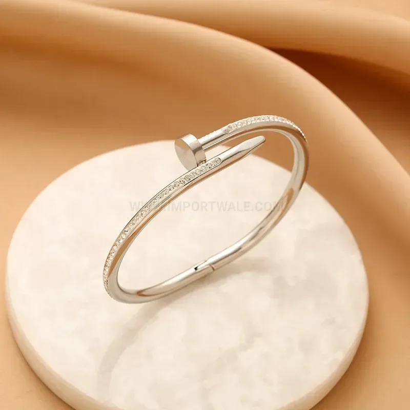 Stylish Pave Rhinestone Gold Plated Titanium Steel Nail Bangle Bracelet