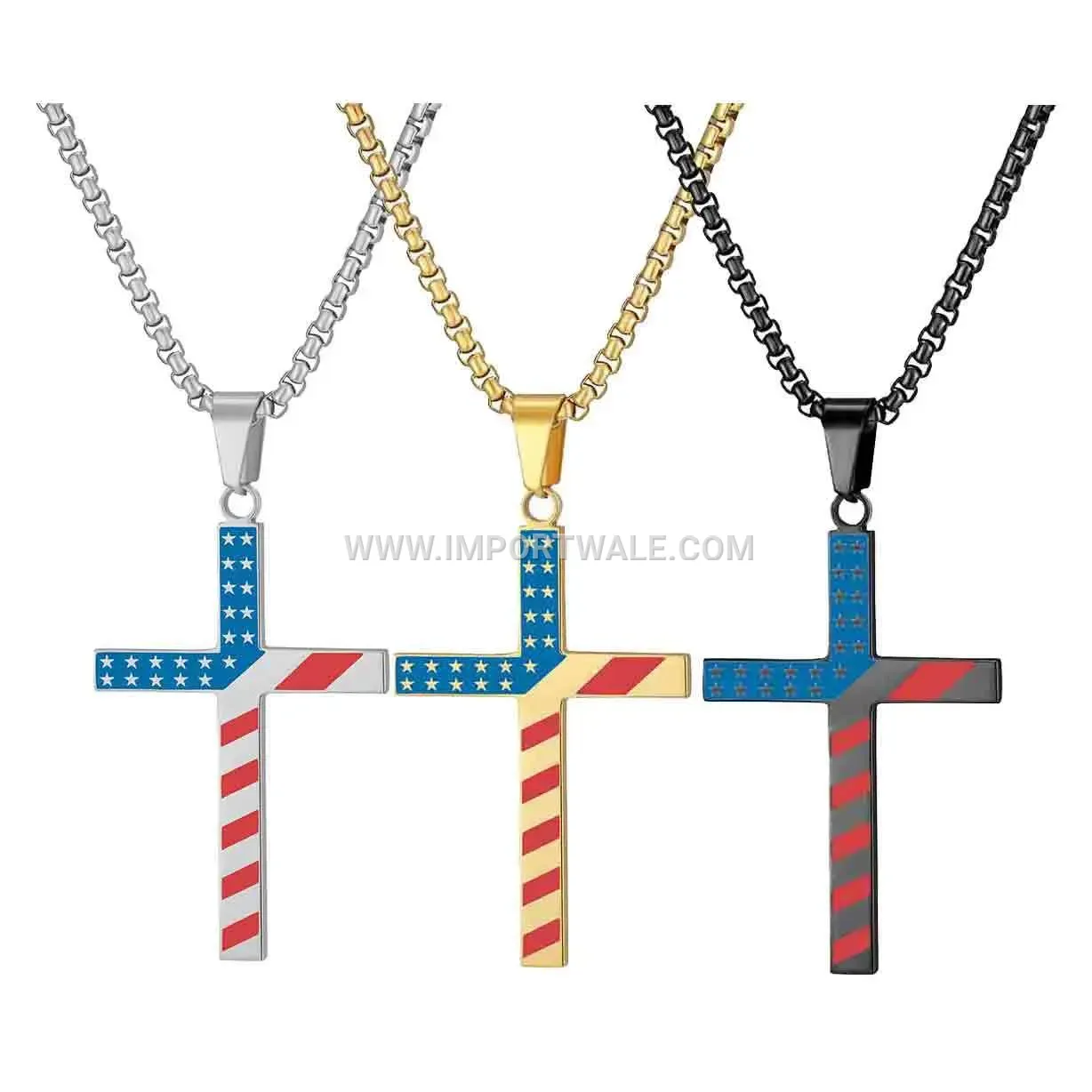 American Flag Enamel Cross Stainless Steel Pendant Necklace