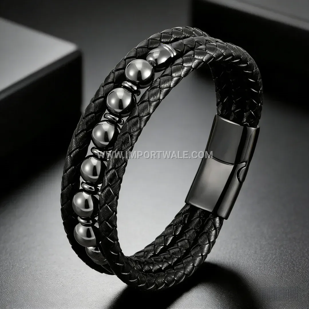 Multilayer Braided Leather Wristband with Natural Stone Beads