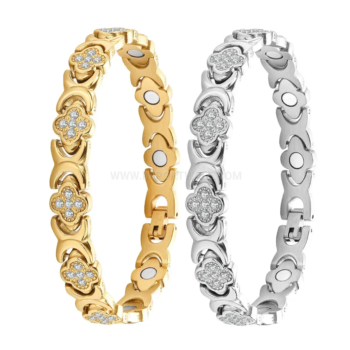 Designer Clover Crystal Inlaid Titanium Steel Magnetic Bracelet