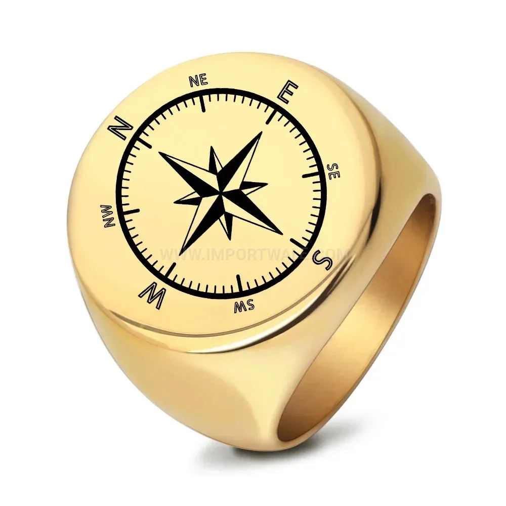 Elegant Laser Engraved Compass Motif Vintage Stainless Steel Ring