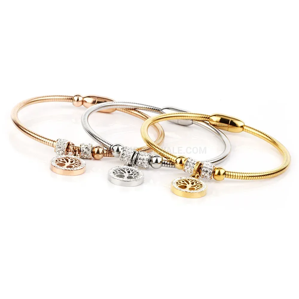 Designer Tree of Life Rhinestone Stainless Steel Magnetic Bangle