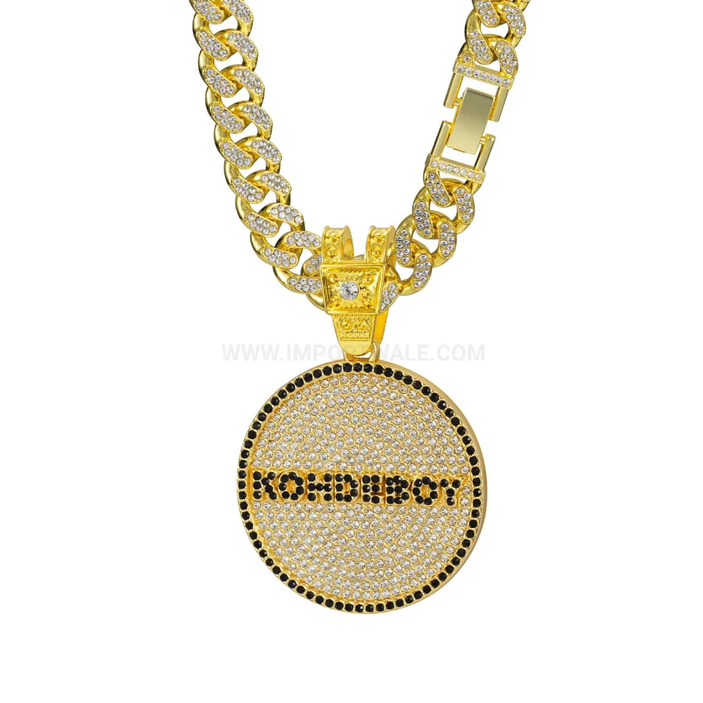 Bold Rhinestone Round Letter Medallion Cuban Chain Necklace