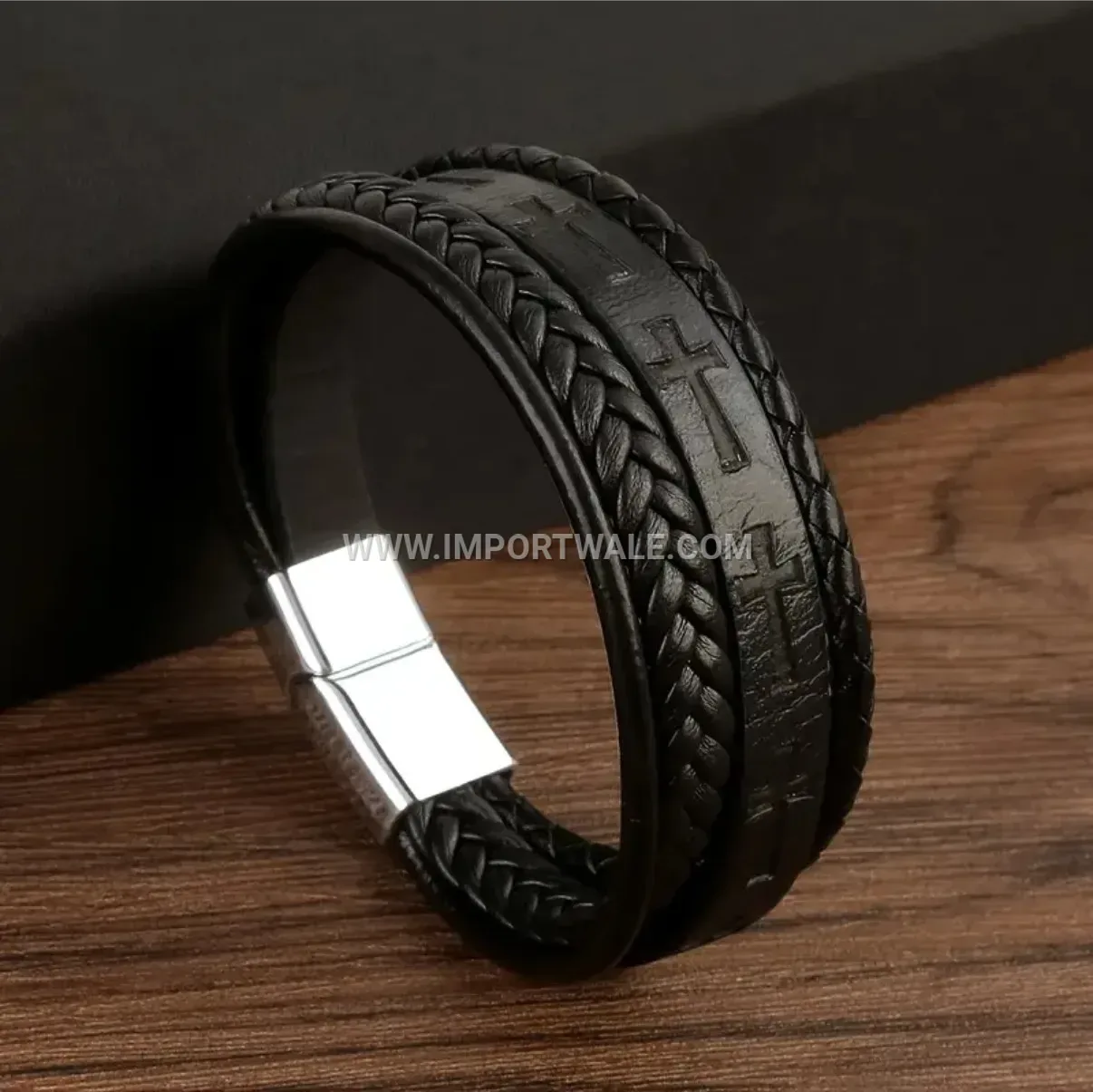 Cross Print Braided Leather Wristband With Metallic Magnetic Clasp