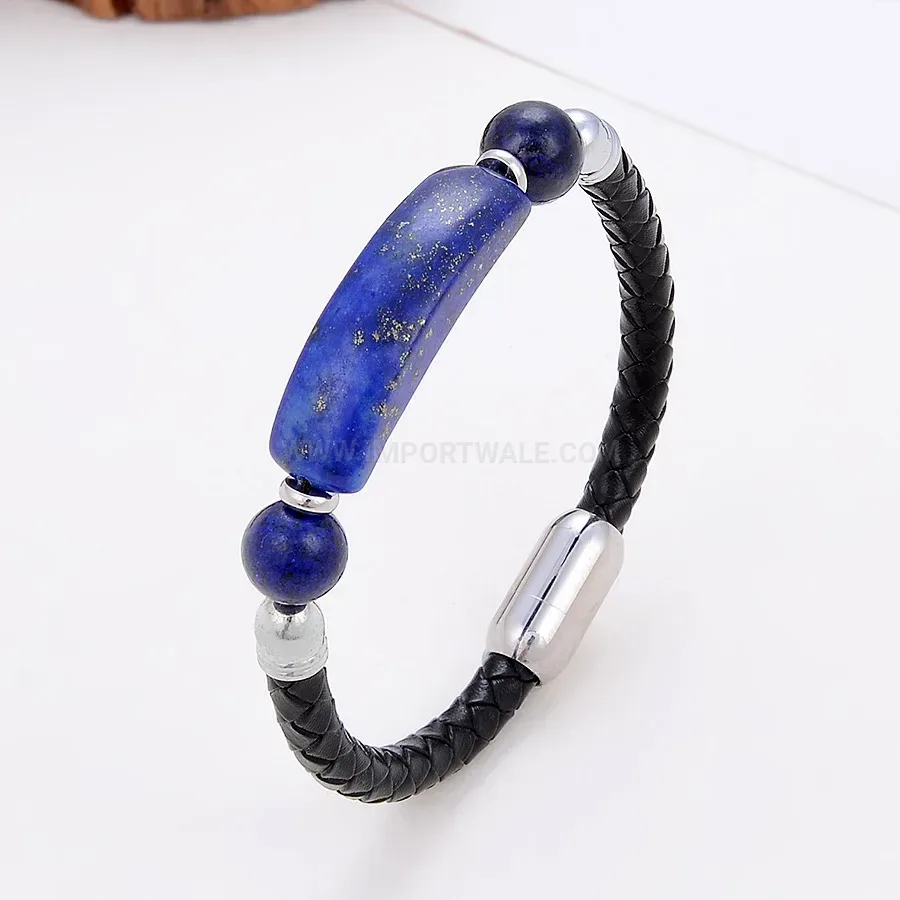 Woven Leather Stone Bracelet with Magnetic Stainless Clasp