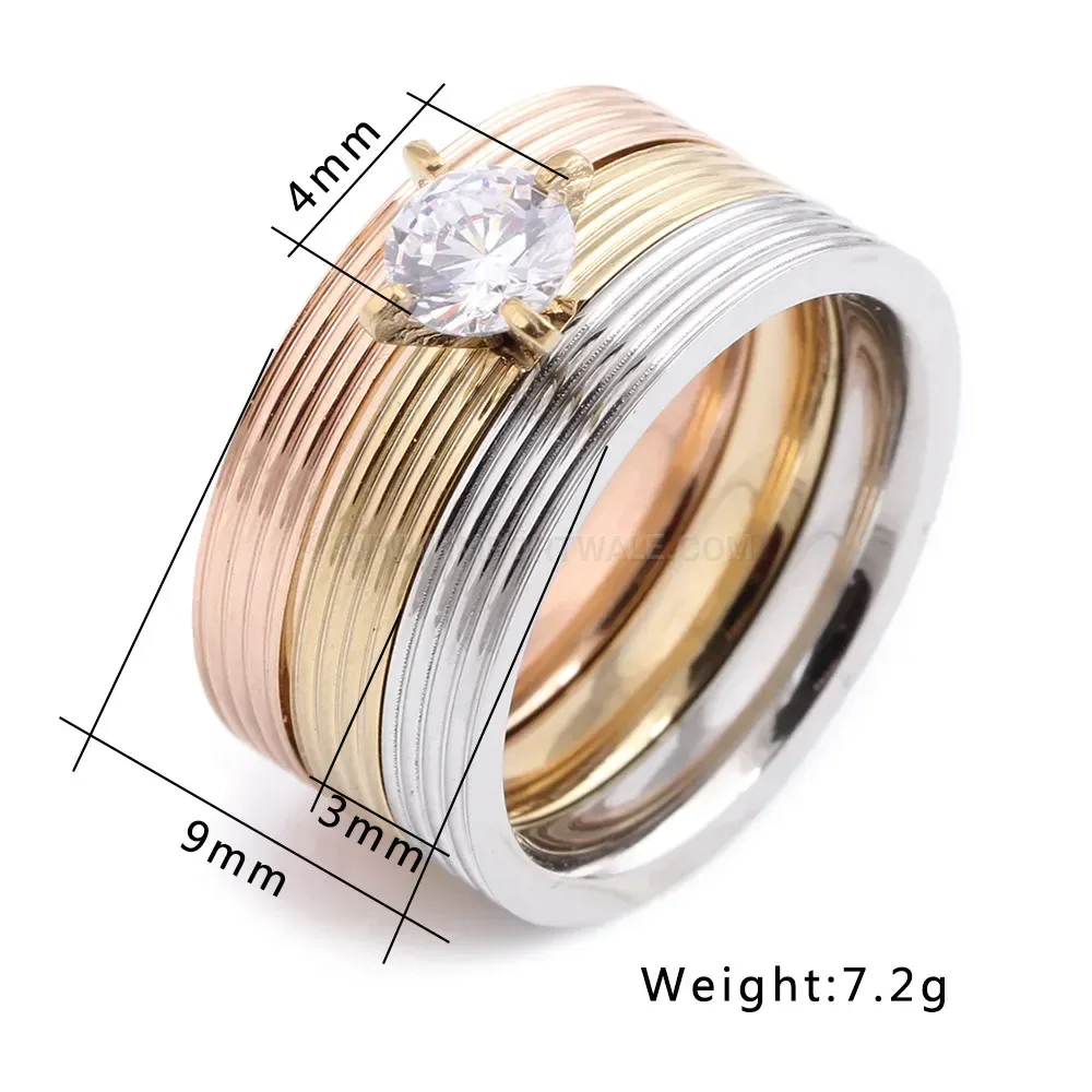 Designer Triple Layer Stainless Steel Ring Set with Zircon Accents