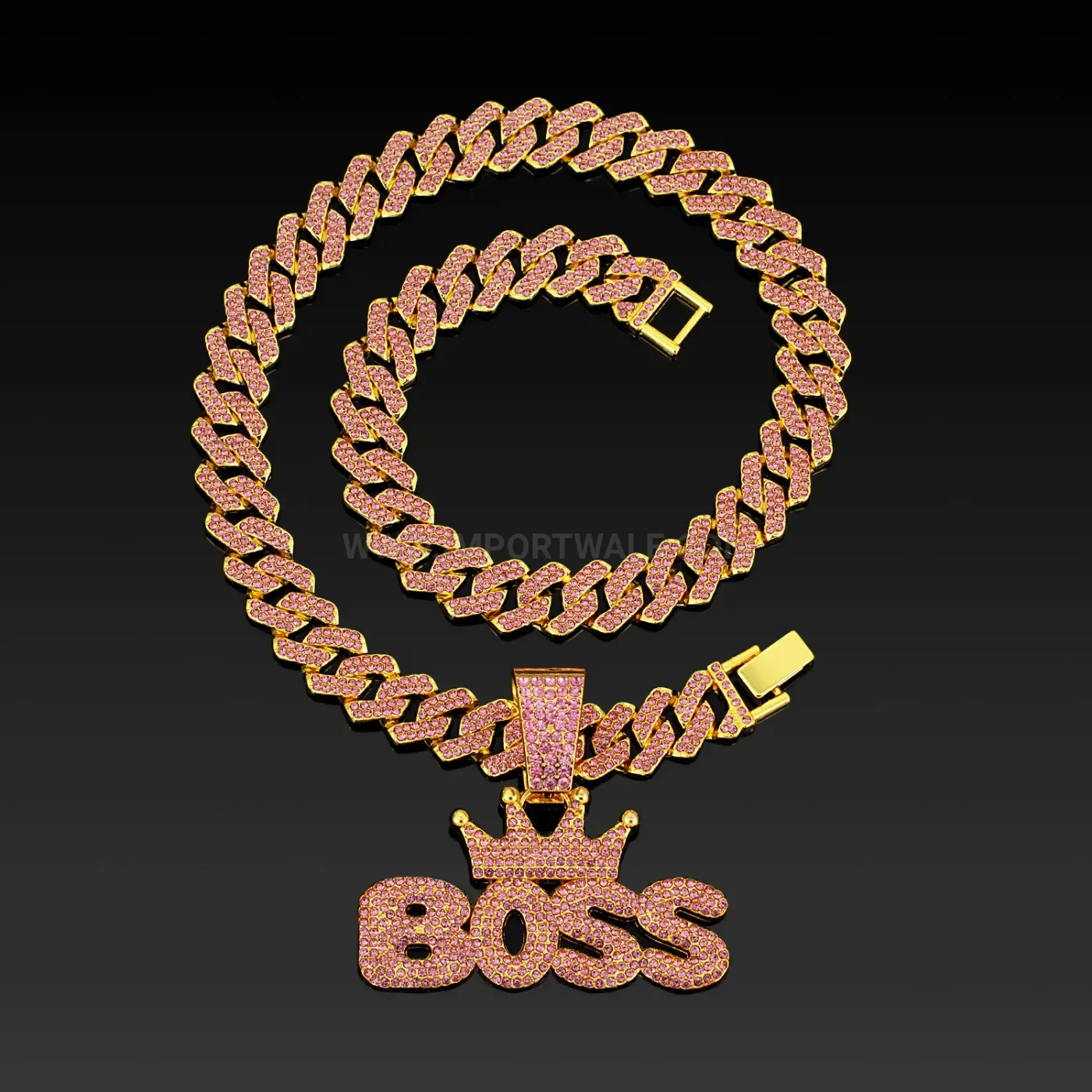 Zinc Alloy Boss Crown Letter Pendant Cuban Link Necklace with Pink Rhinestones