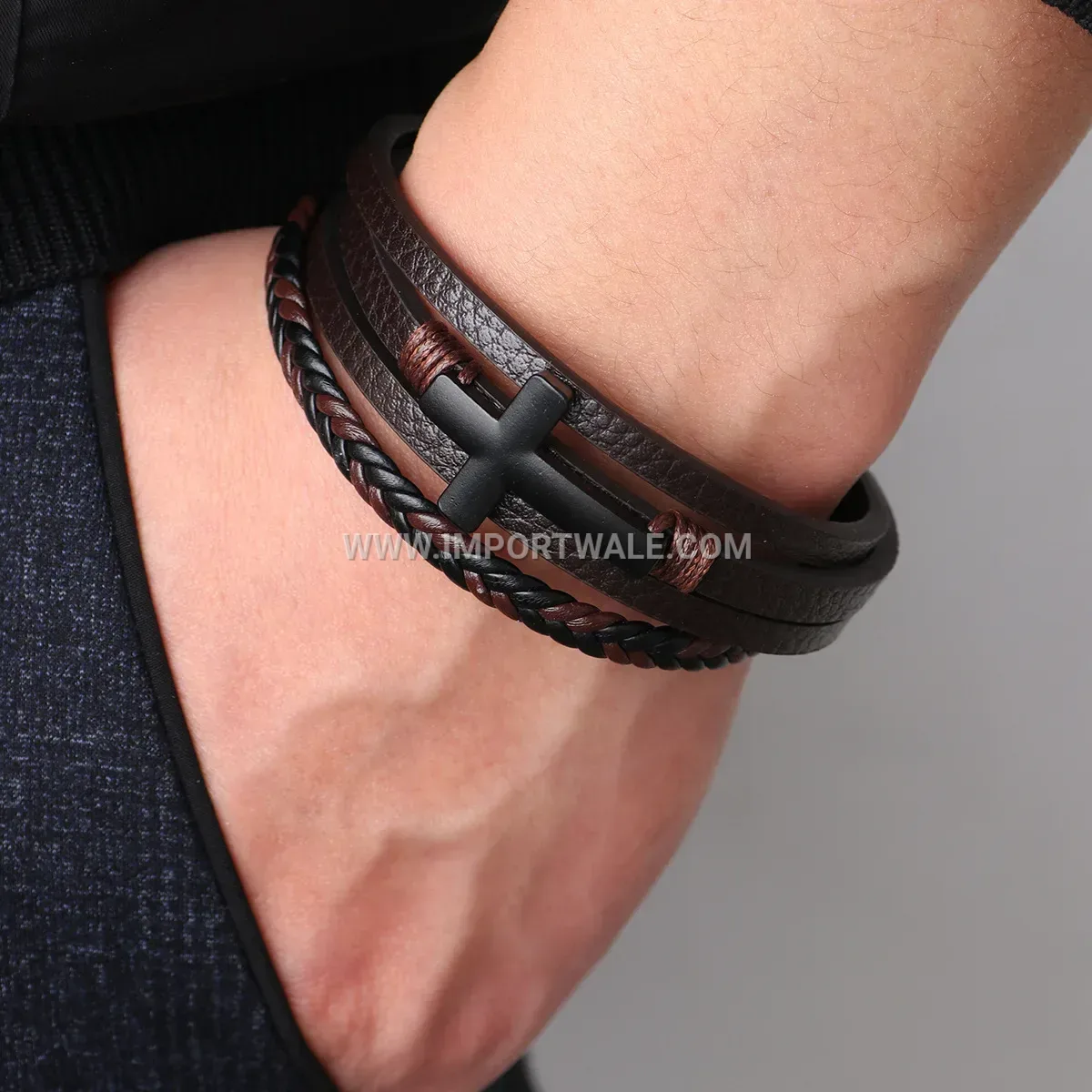 Multi-Strand Woven Leather Cross Bracelet with Magnetic Clasp