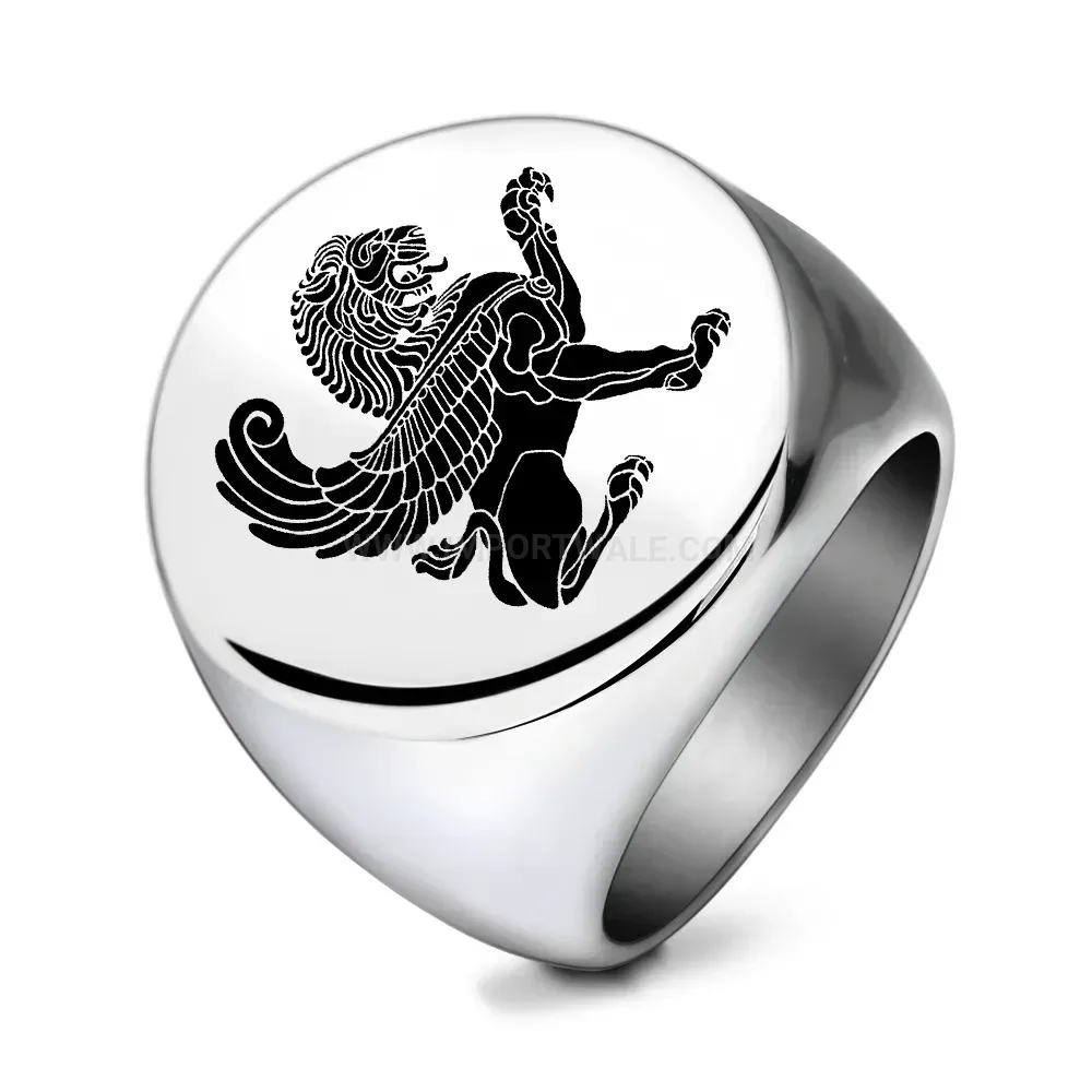 Designer Engraved Griffin Crest Stainless Steel Signet Ring