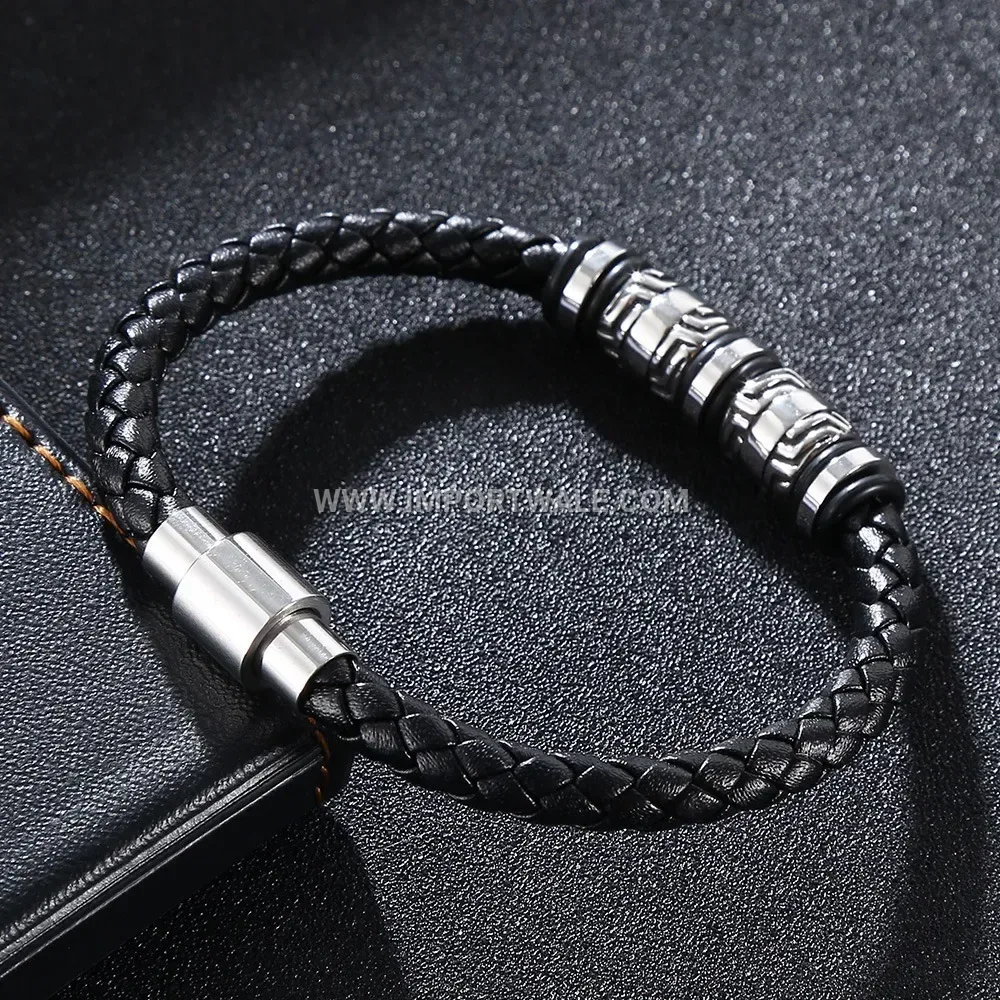 Casual Leather Bracelet Featuring Stainless Steel Beads Accent