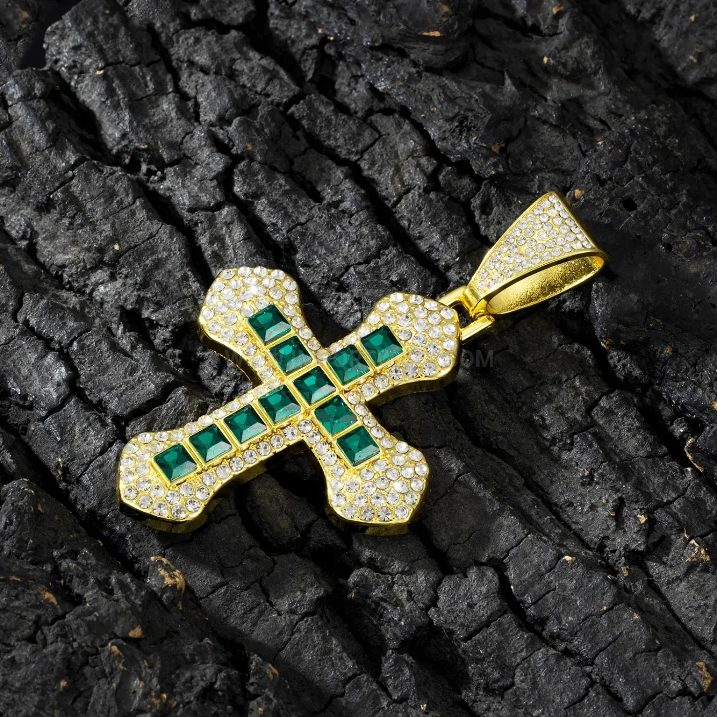 Three Dimensional Colored Square Gem Cross Hip Hop Pendant Necklace