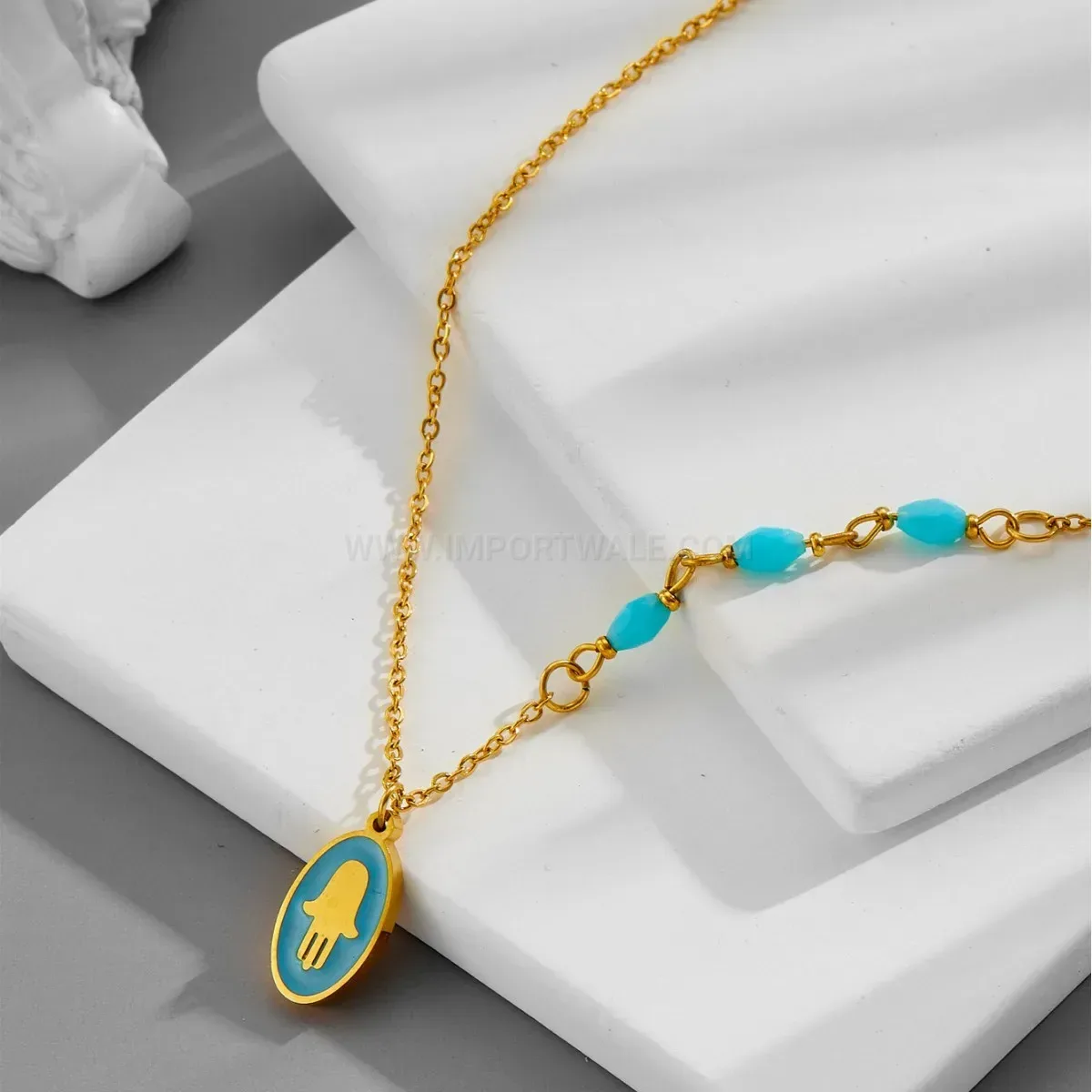Bold Gold Titanium Steel Floral Drip Glaze Palm Pendant Necklace