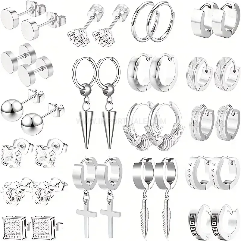 Trendy Geometric Cross and Feather Stainless Steel Huggie Piercing Earrings