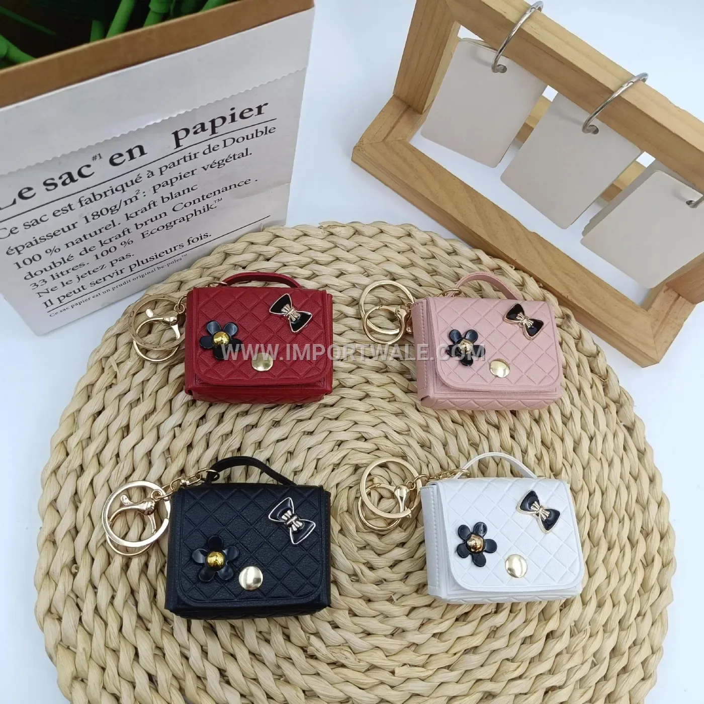 Miniature Quilted Leather Bow Keychain Pouch Charm