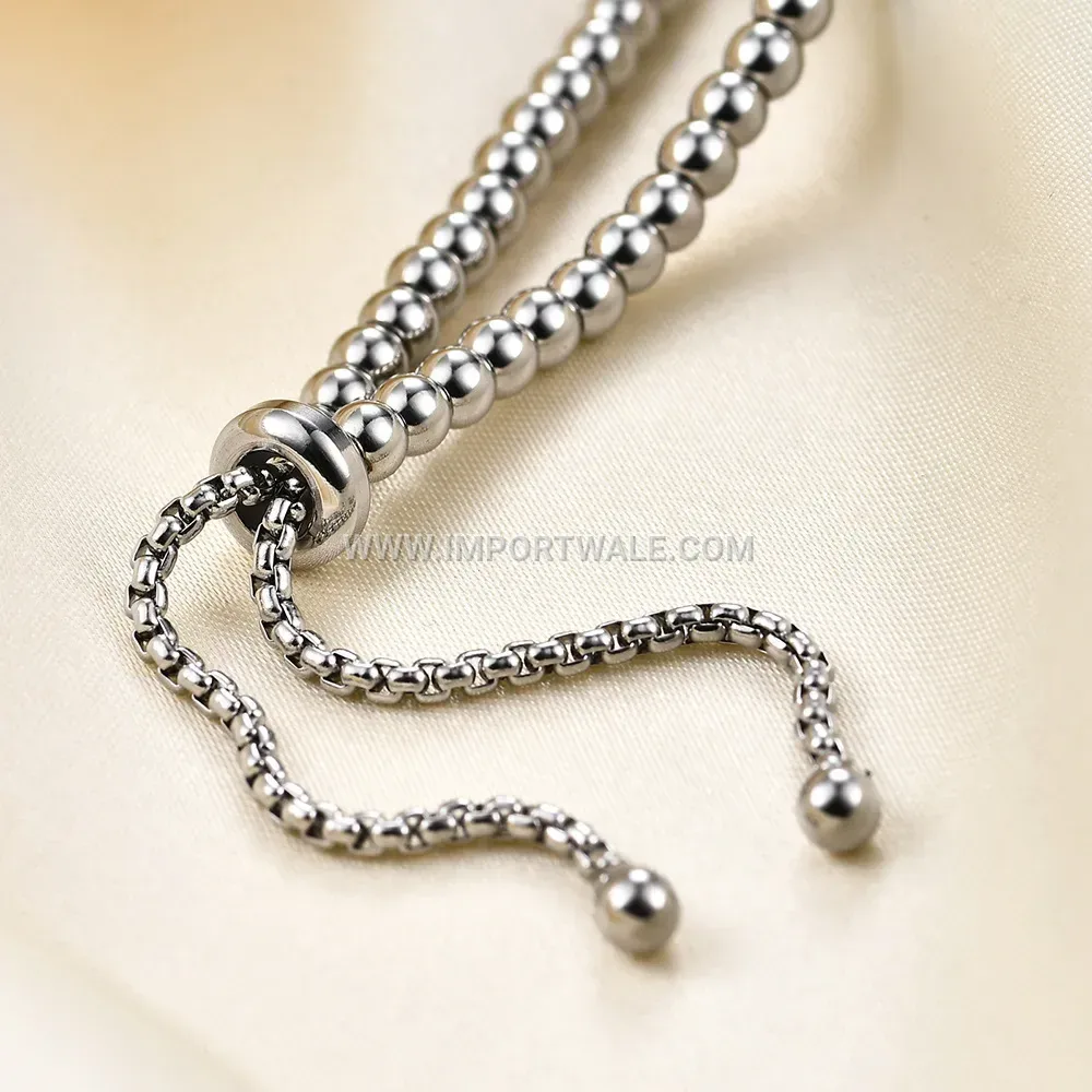 Adjustable Stainless Steel Bead Chain Bracelet With Engraved Initial Disc