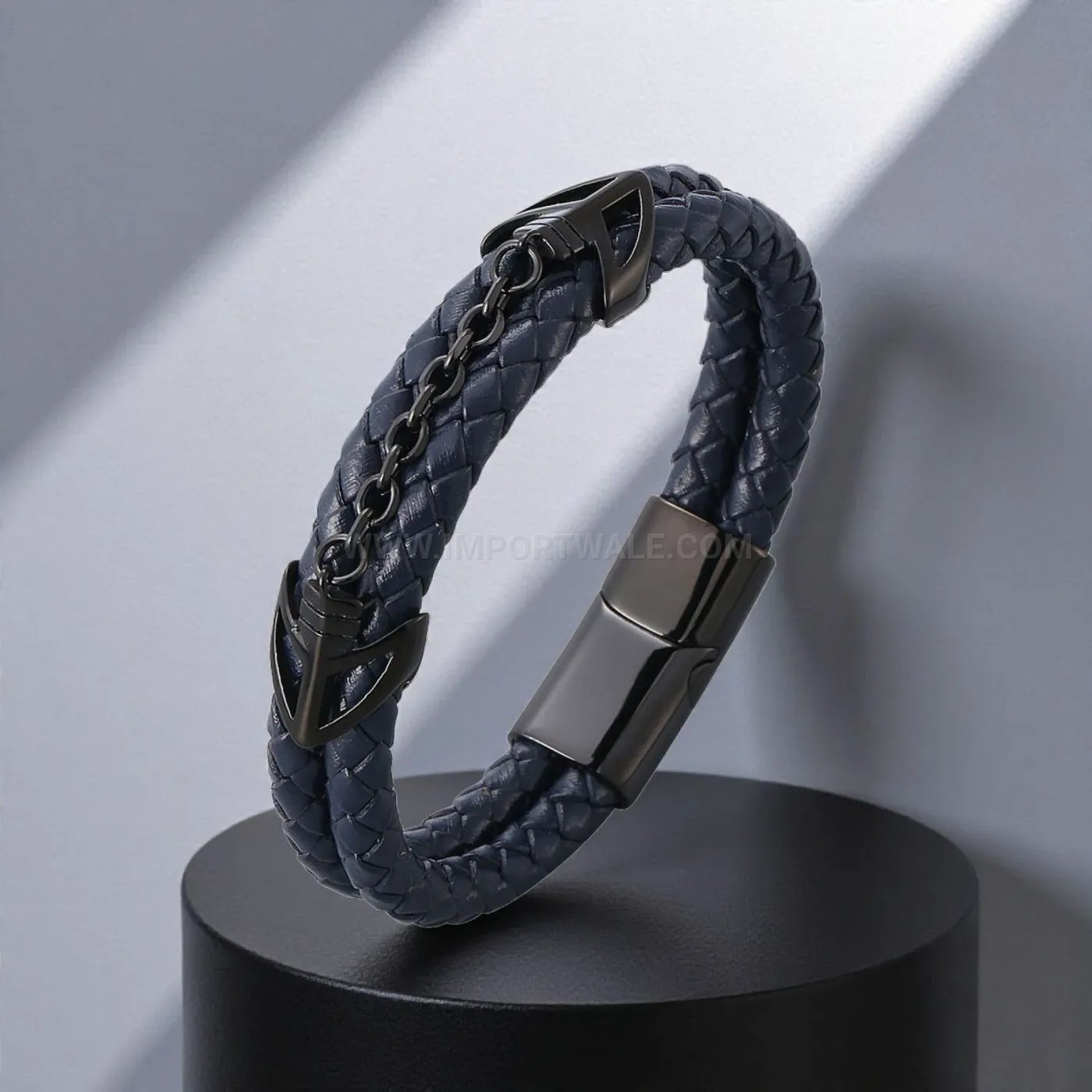 Chic Double-Layer Woven Navy Leather Men's Stainless Steel Clasp Bracelet