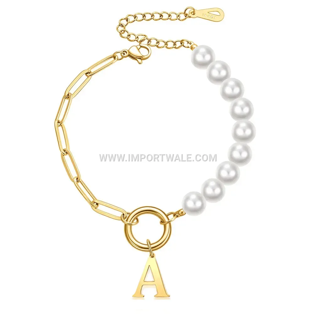 Imitation Pearl and Safety Pin Stainless Steel Initial Charm Bracelet