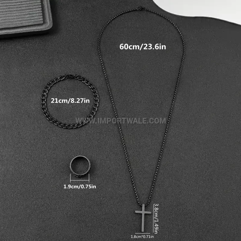 Streetwear Stainless Steel Cross Pendant Three Piece Jewelry Set