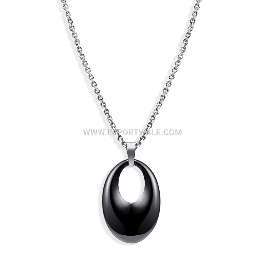 Geometric Oval Hollow Ceramic and Stainless Steel Pendant Necklace