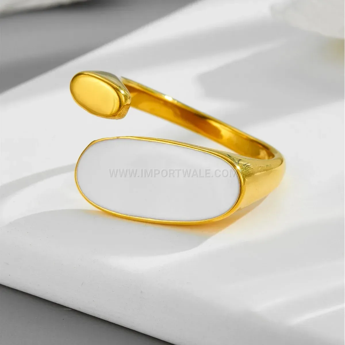 Gold Plated Titanium Steel Oval White Shell Open Band Ring