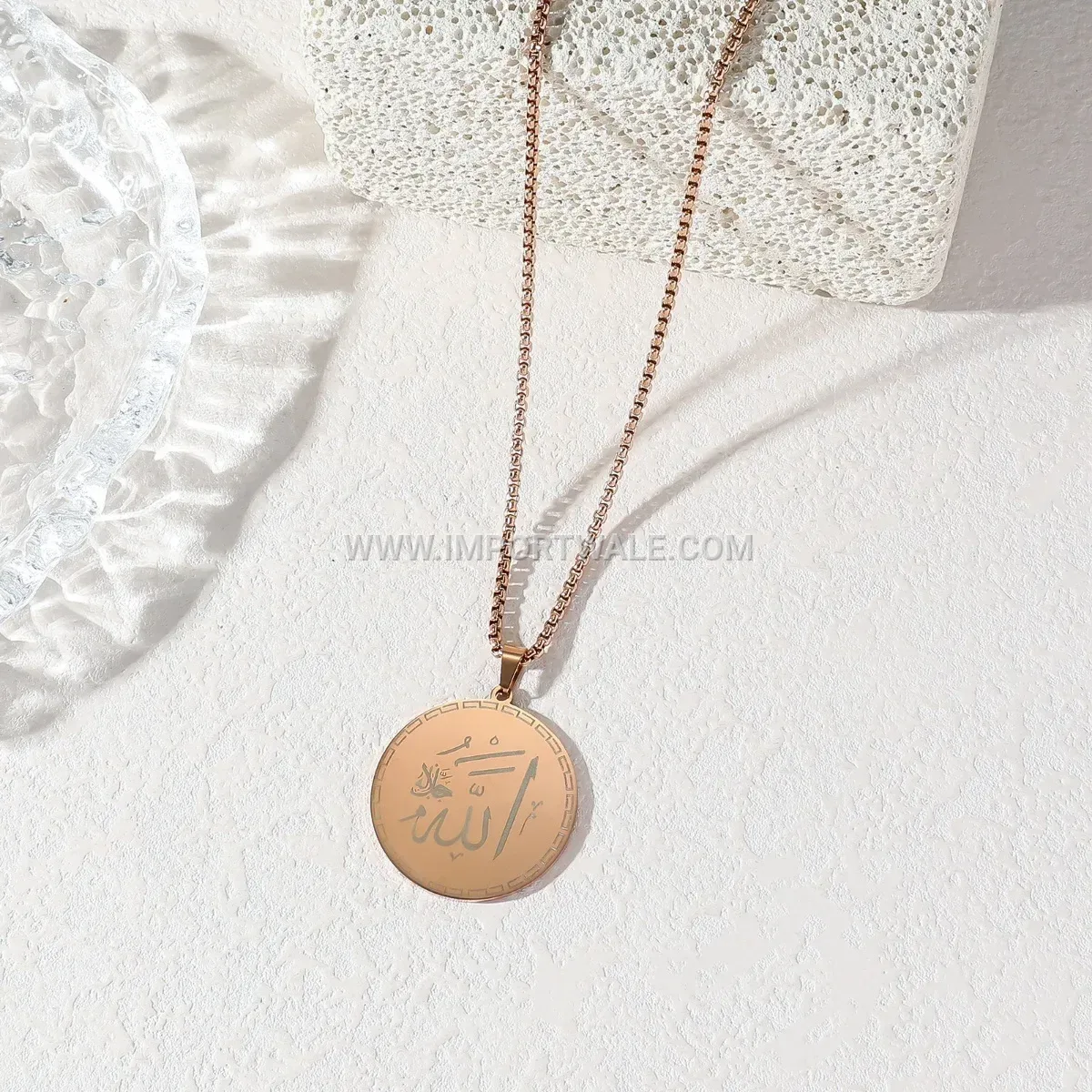Round Stainless Steel Islamic Calligraphy Medal Chain Necklace