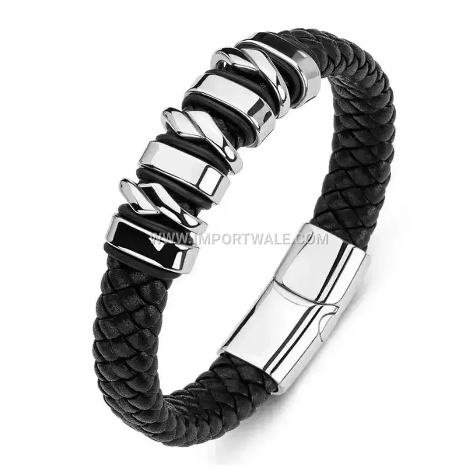 Woven Leather Wrap Bracelet For Men With Alloy Magnetic Clasp