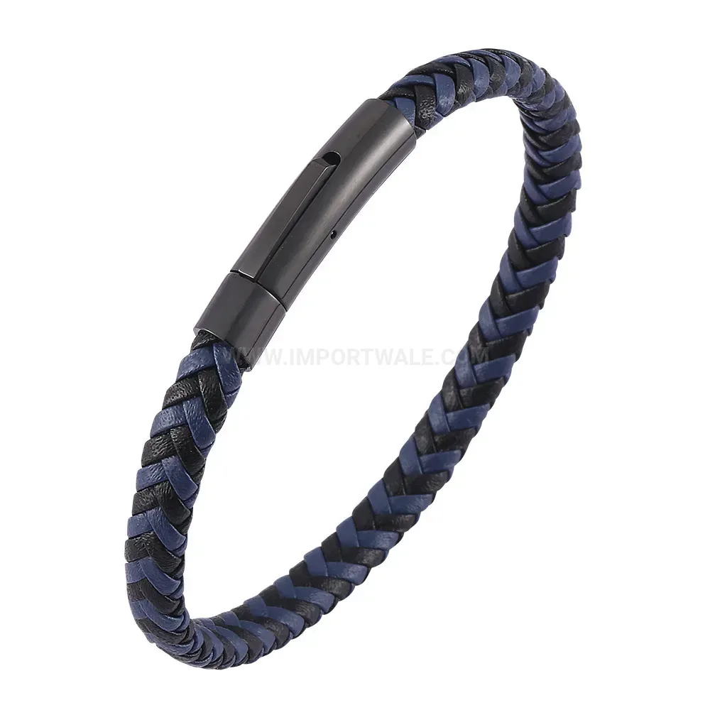 Braided Leather Cord Bracelet with Black Stainless Steel Clasp