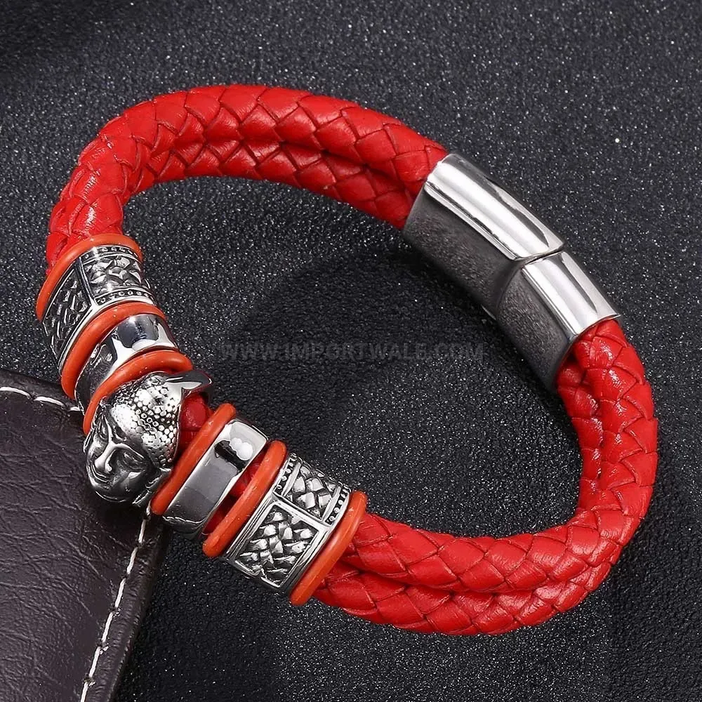Braided Leather Bracelet with Stainless Steel Buddha Emblem