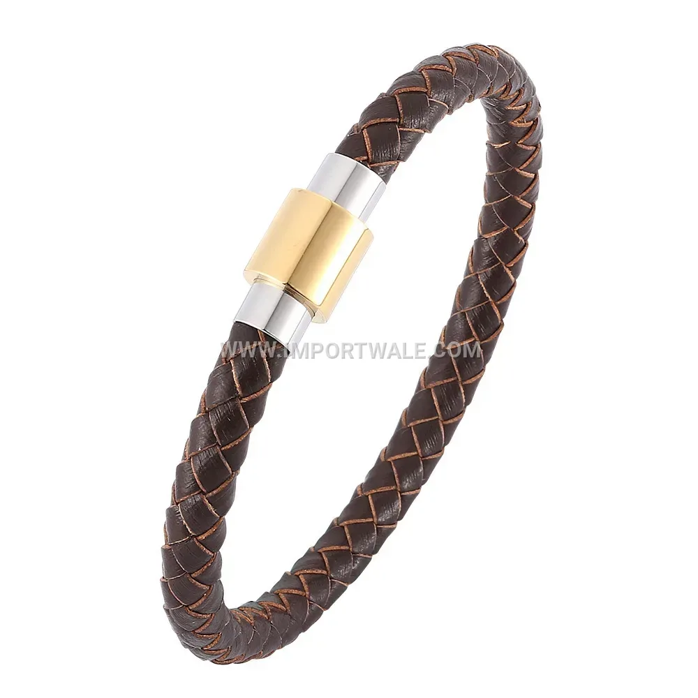 Two-Tone Stainless Steel and Braided Leather Coded Wrap Bracelet